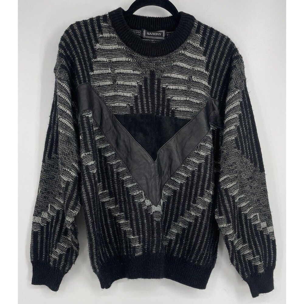 Saxony Mens M Vintage 90s Genuine Leather Wool 3D Knit Geometric Sweater